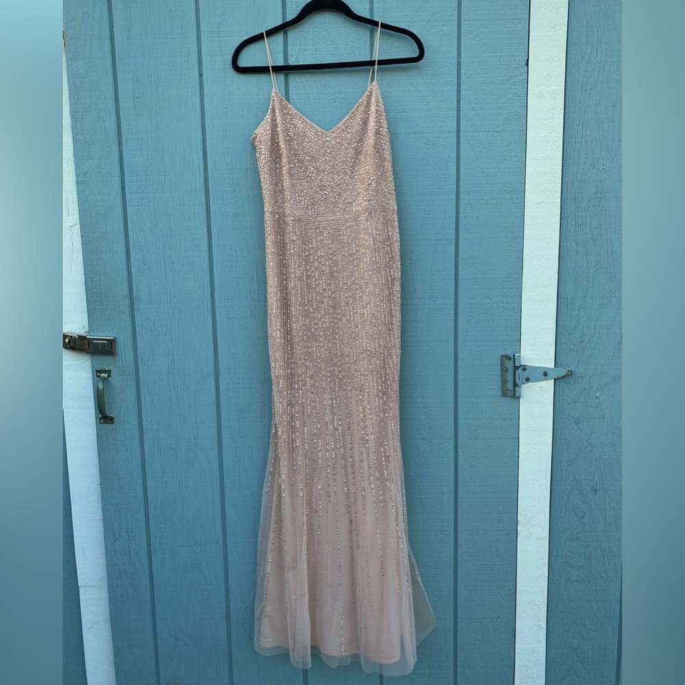 Never worn Adrianna Pappell sequined maxi with tags; champagne/nude color size 8